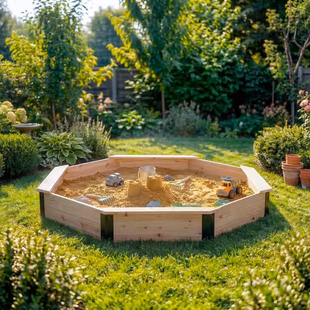 Charles Bentley Childrens Wooden Sandpit with Corner Seats and PVC Cover, Brown, W/D/H: 198 x 198 x 20 cm
