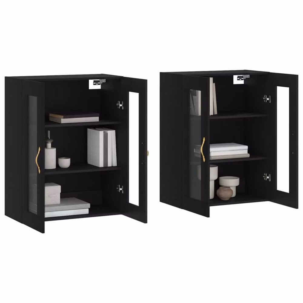 Berkfield Home Set of 2 Modern Wall Mounted Cabinets in Black with Glass Doors and Internal Shelves – 2
