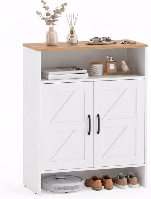 Costway Narrow White Shoe Storage Cabinet with 2 Barn Doors and Internal Shelves