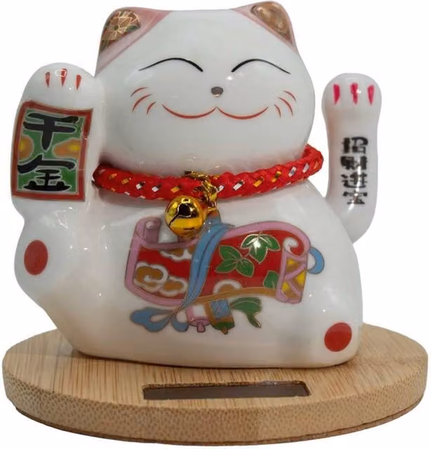 KDMD Pink Solar Money Cat with Moving Paw and White Wooden Base