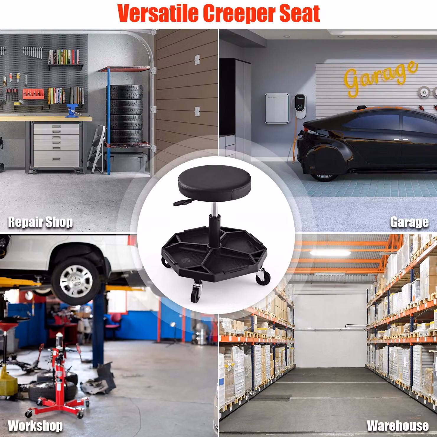 Gymax Black Pneumatic Rolling Garage Stool with Padded Seat and Tool Tray, 150 kg Capacity – 3