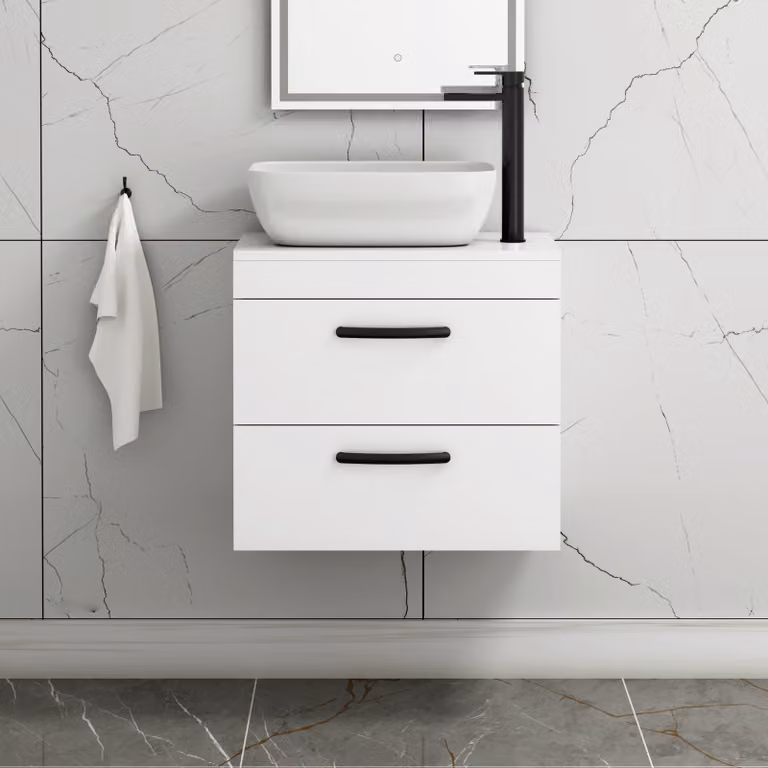 Royal Bathrooms Gloss White Wall Hung 2 Drawer Vanity Unit with Elva Countertop Basin and Matt Black Handle, Width: 60 cm