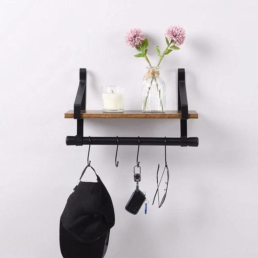 Kelvenix 1 Tier Floating Wall Mounted Shelf with Black Metal Frame and Brown Wood Finish – 4