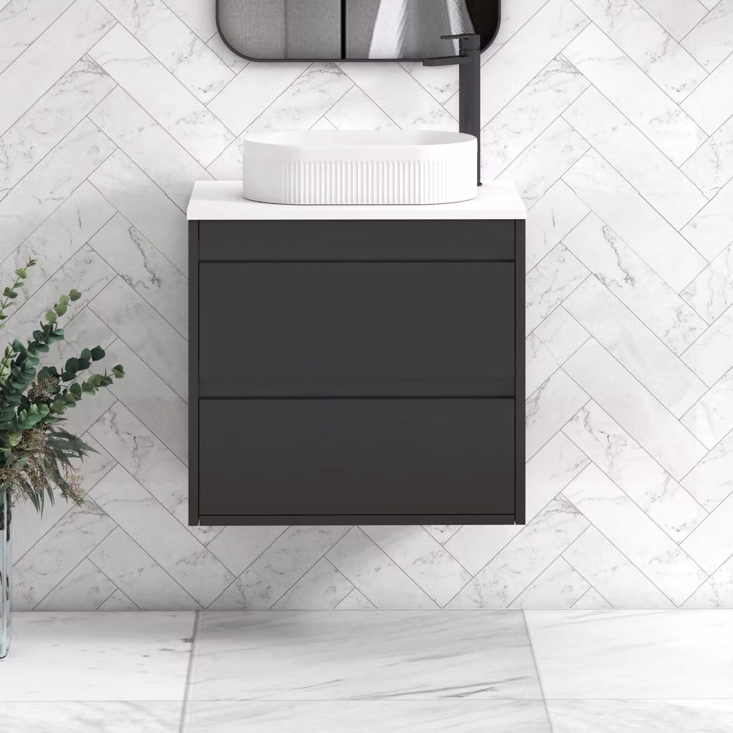 Royal Bathrooms Orion 600mm Wall Hung Vanity Unit with Lyon Basin and 2 Drawers in Matt Obsidian Black and White with Black Accent Trim