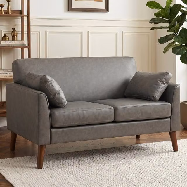 HOMCOM 2 Seater Modern Sofa in Grey with Synthetic Leather Upholstery and Solid Wood Legs, Width: 132 cm