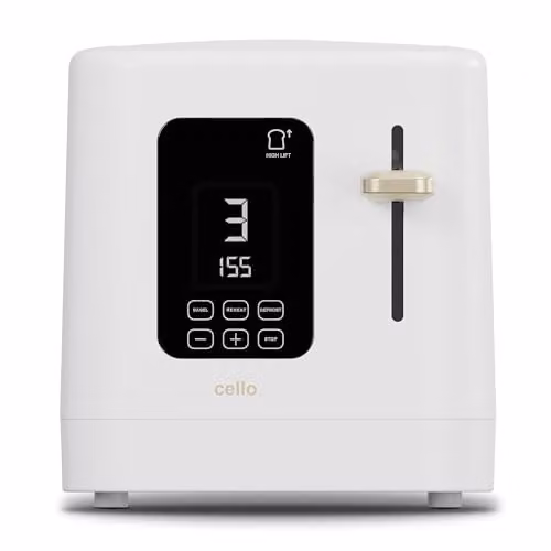 Cello Overture 2 Slice White Toaster with 800W Power, Digital Display, Timer and Auto Shutoff