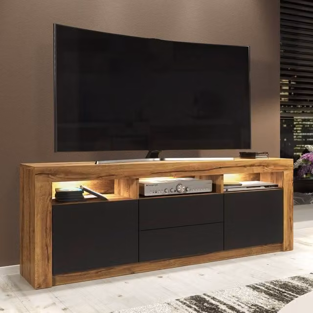 Mex Furniture LTD Shine TV Unit in Dark Oak and Black Matt with LED Lights, W: 160 cm, H: 60 cm, D: 35 cm – 1