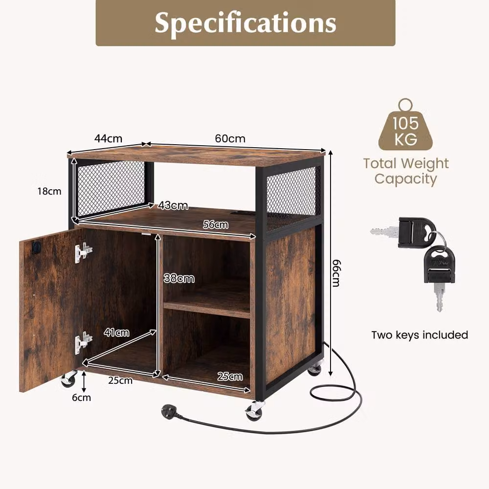 Gymax Industrial Metal and MDF File Cabinet on Wheels, Brown, H: 66.0 cm x W: 60.0 cm – 2