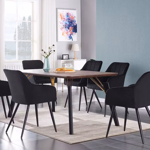 Life Interiors Camden Cosmo LUX Modern Rectangular Dining Set with Table and 6 Chairs in Black and Gold