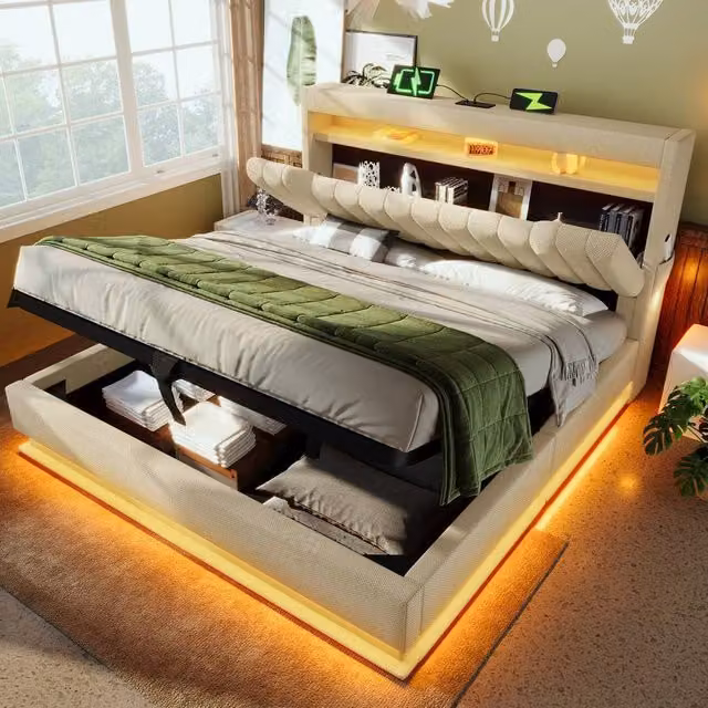 ModernLuxe Super King Ottoman Storage Bed in Beige with LED Lighting, USB Charging Ports and Storage Headboard, W/D/H: 180 x 200 x 111 cm