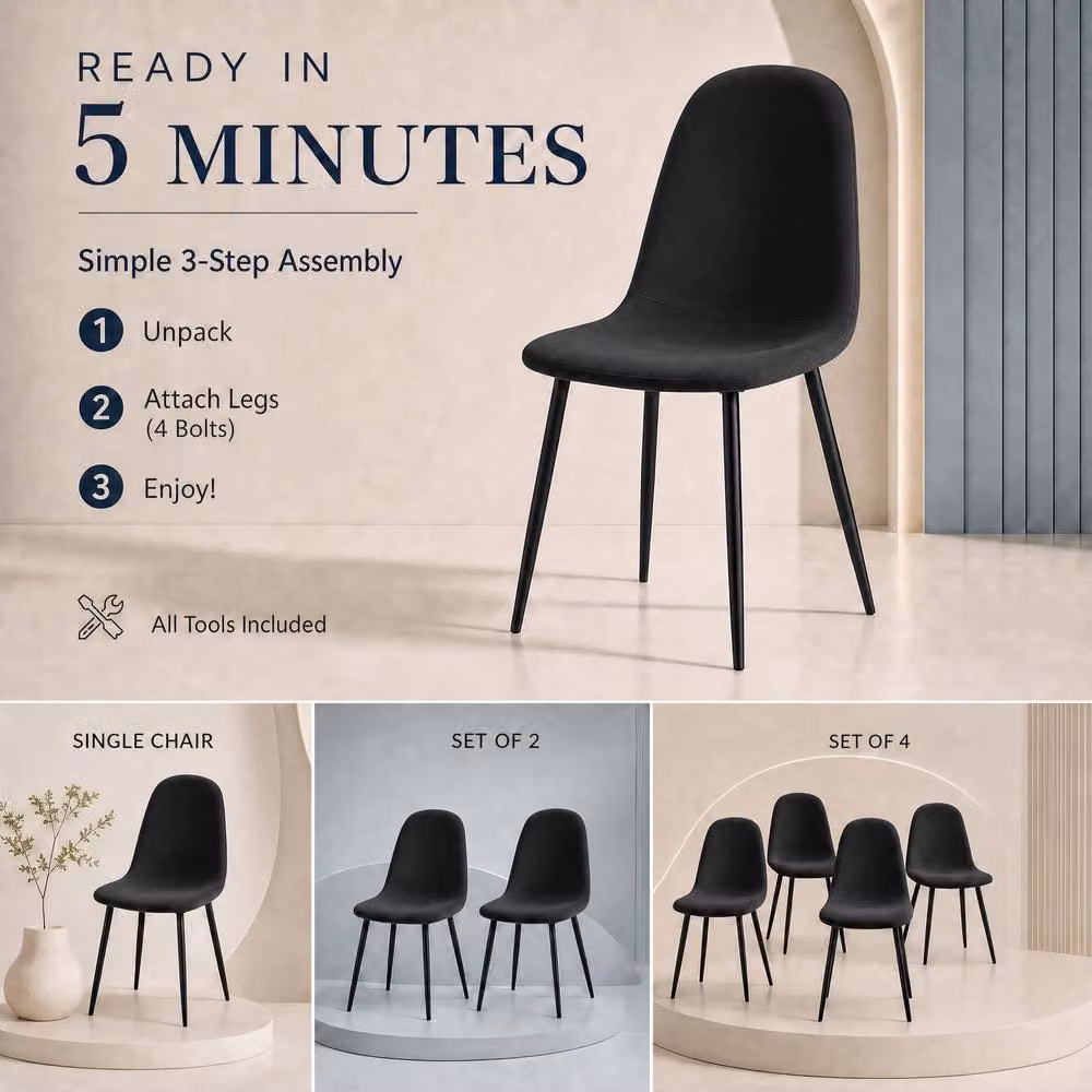 Bravich LTD Set of 4 Ron Black Velvet Dining Chairs with Metal Legs – 6