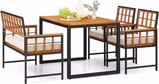 Gymax 4-Piece Acacia Wood Outdoor Patio Dining Set with Rectangular Table and Chairs in Brown