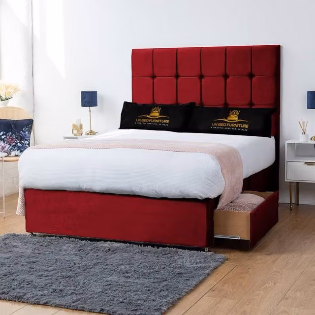 UK Bed Furniture Florence Divan Bed with 2 Drawers and 26 Inch Headboard in Red Velvet, Size: Double (W: 140 cm, D: 200 cm) – 1