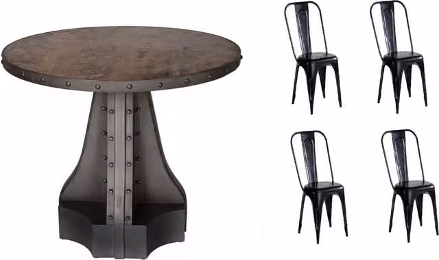 IH Design IN Industrial Round Wood and Metal Dining Table and 4 Chair Set in Black and Brown
