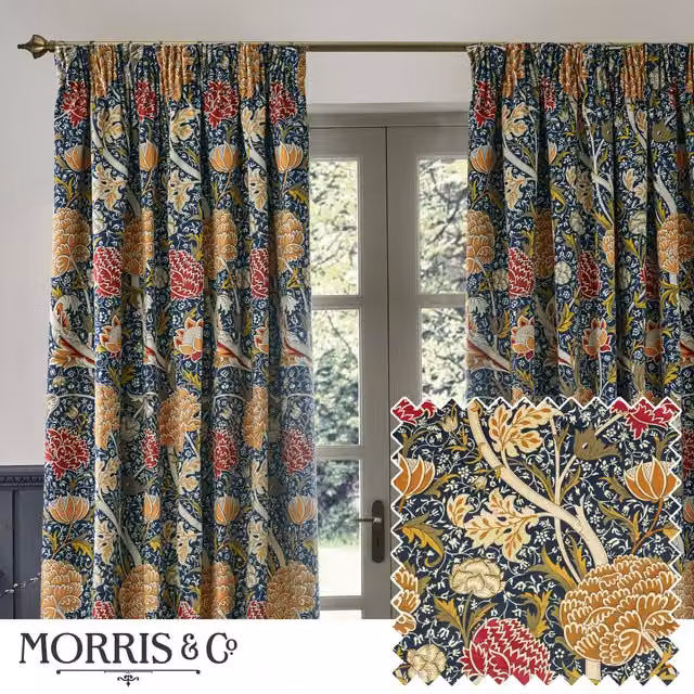Morris & Co. Cray Floral Velvet Pencil Pleat Room Darkening Curtains in Indigo Blue, Width: 229 cm, Drop: 229 cm – 1
