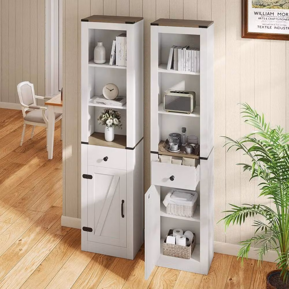 EONLION White Freestanding Bathroom Cabinet with Hinged Doors, Internal Drawers and Shelves, Height: 173 cm – 2