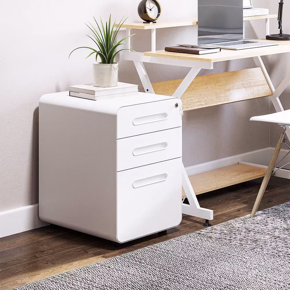 ERGOVEXA Lockable Metal File Cabinet with 3 Drawers and Castors, White – 3