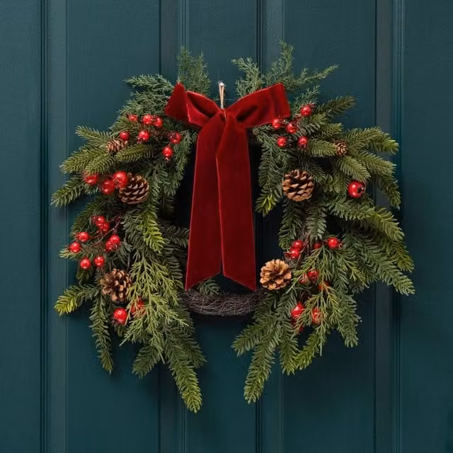 Scottish Everlastings Ltd Real Touch Half Wreath with Red Velvet Bow in Green, Diameter: 50 cm