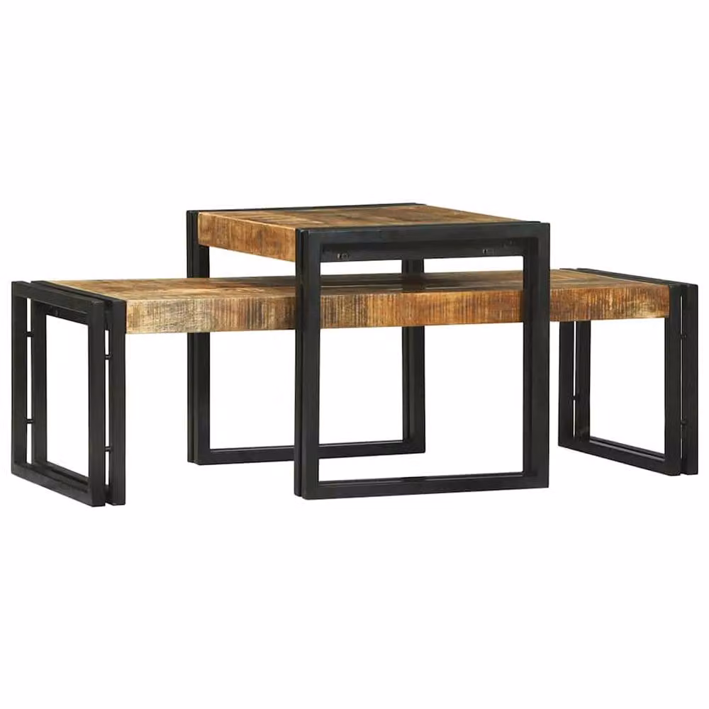 Berkfield Home 2 Piece Rustic Mango Wood Coffee Table Set in Brown and Black – 2