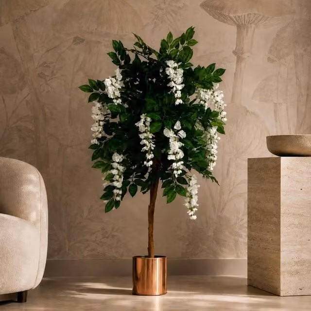 Leaf 130cm Artificial Wisteria Tree with White Flowers and Copper Planter in Green