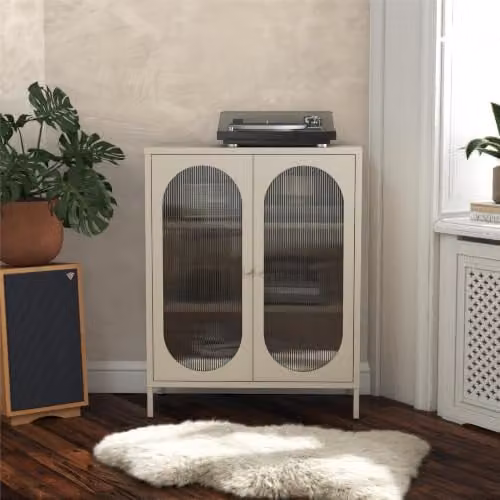 Dorel Home Luna Metal Cabinet with 2 Fluted Glass Doors in Beige, W: 80 cm, D: 40 cm, H: 102 cm