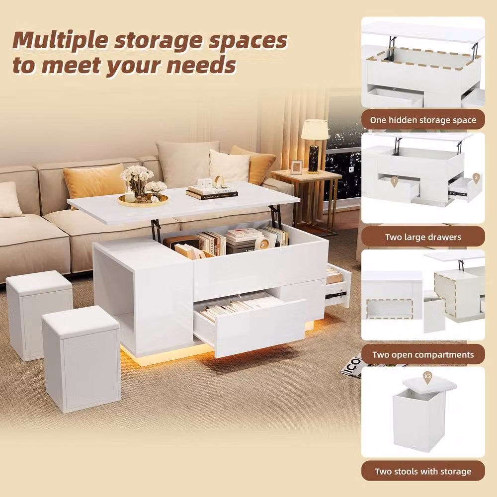 Merax White High Gloss Lift Top LED Coffee Table with 2 Storage Stools – 6