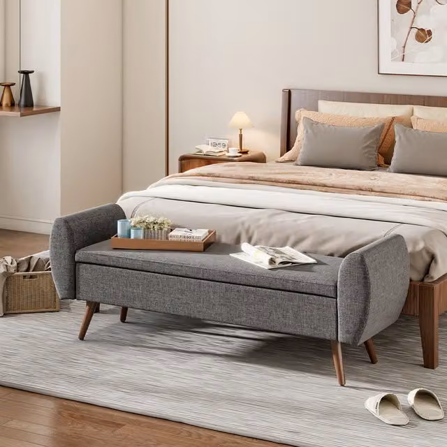 Livingandhome Mid-Century Linen Upholstered Storage Bench in Grey