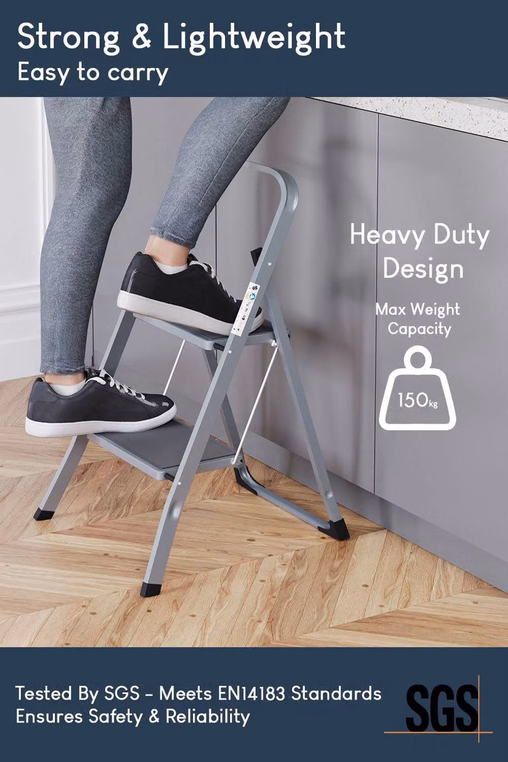 HD Designs 2 Step Folding Ladder with Anti-Slip Mat in Grey – 4