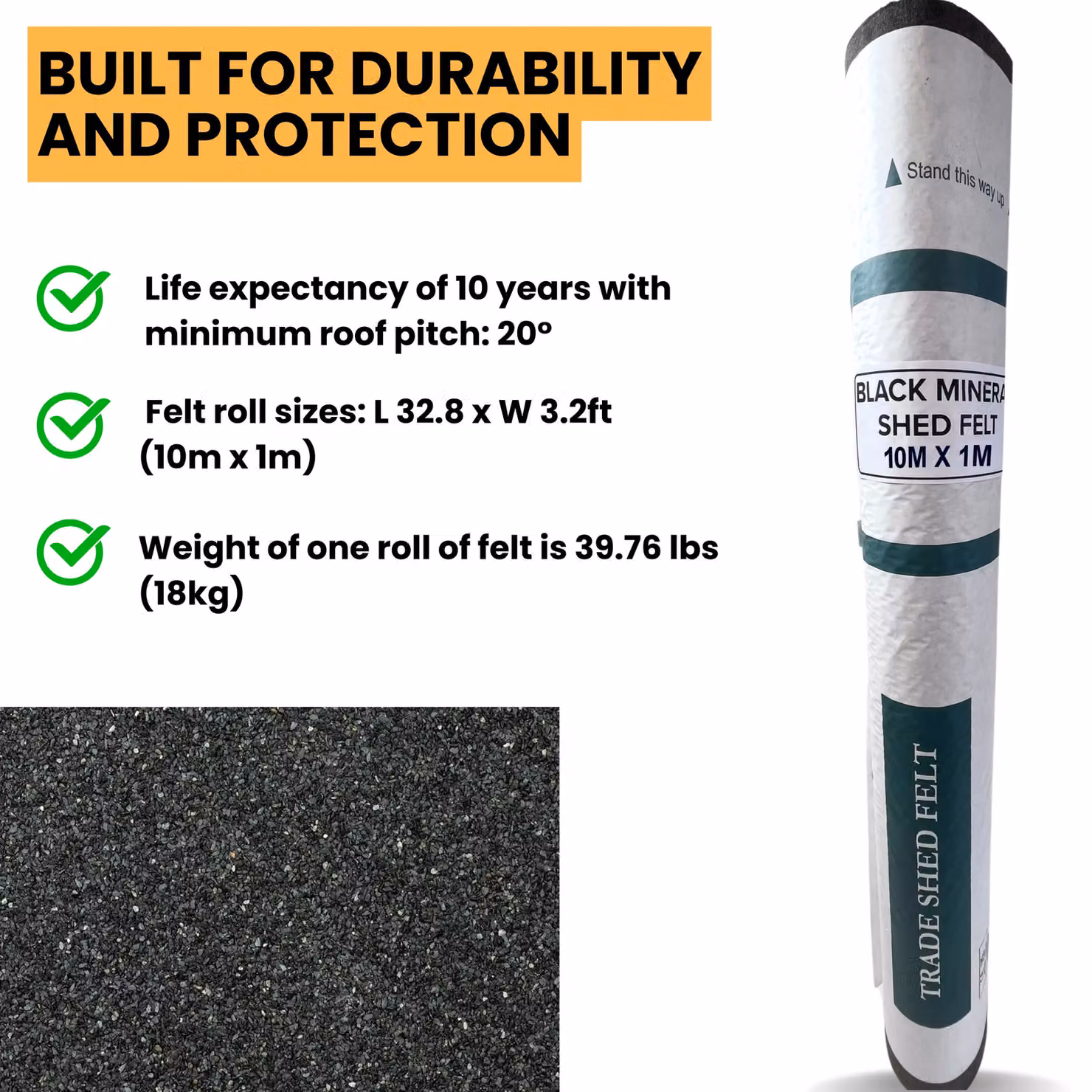 Novecrafto Heavy-Duty Mineral Shed Roofing Felt, Black, W: 1 m, L: 10 m – 3