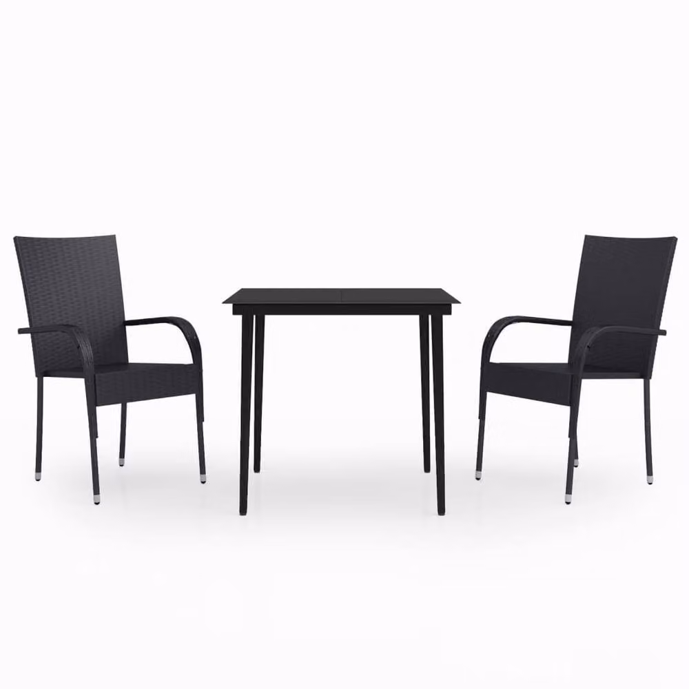 Berkfield Home 3 Piece Black Modern Garden Dining Set with Rattan, Metal and Glass – 2