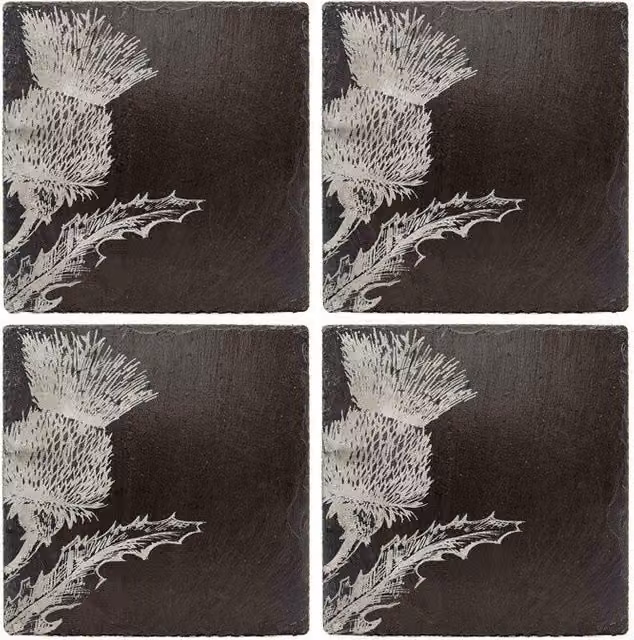 Selbrae House Square Slate Coasters with Floral Thistle Design in Grey and Black, Set of 4 – 1