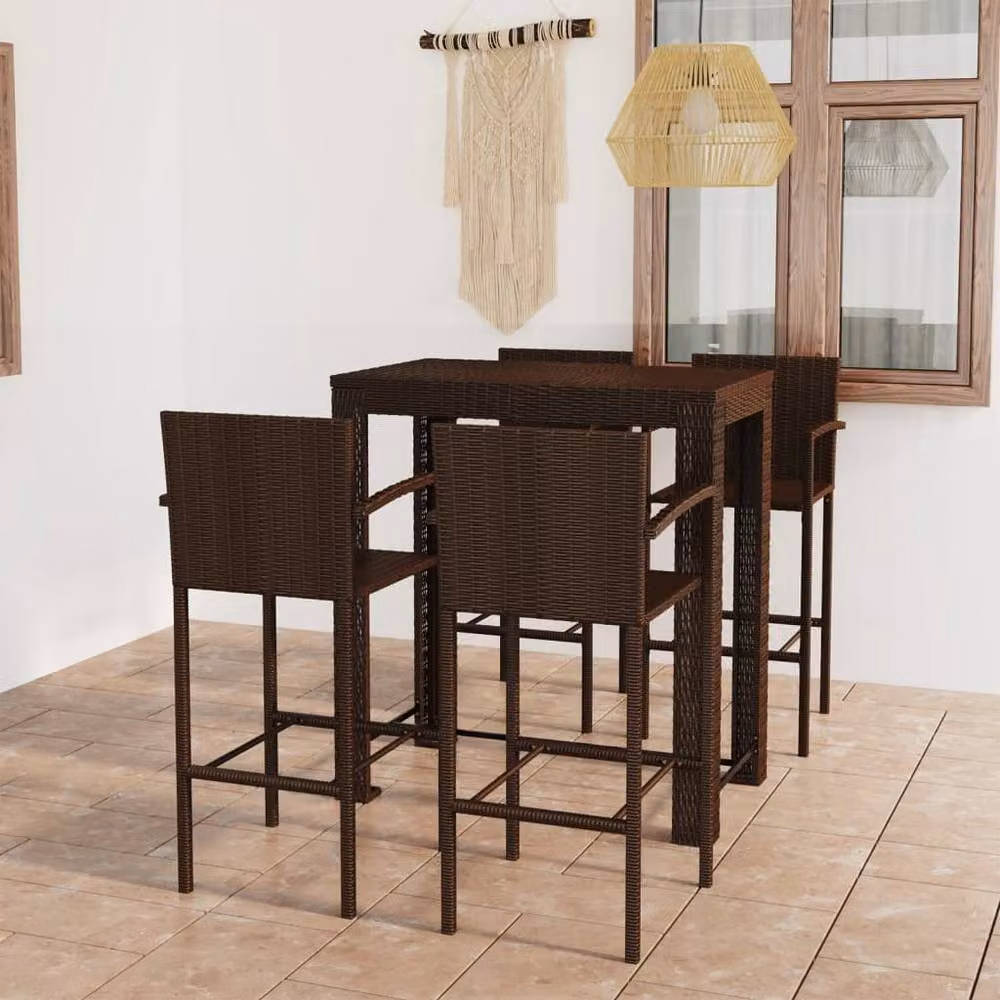 Berkfield Home 5 Piece Brown Poly Rattan Outdoor Bar Set with Armrests – 2