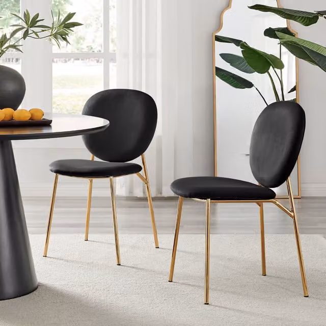 FurnitureboxUK Set of 2 Ivy Upholstered Velvet Kitchen Dining Chairs with Gold Metal Legs, Black