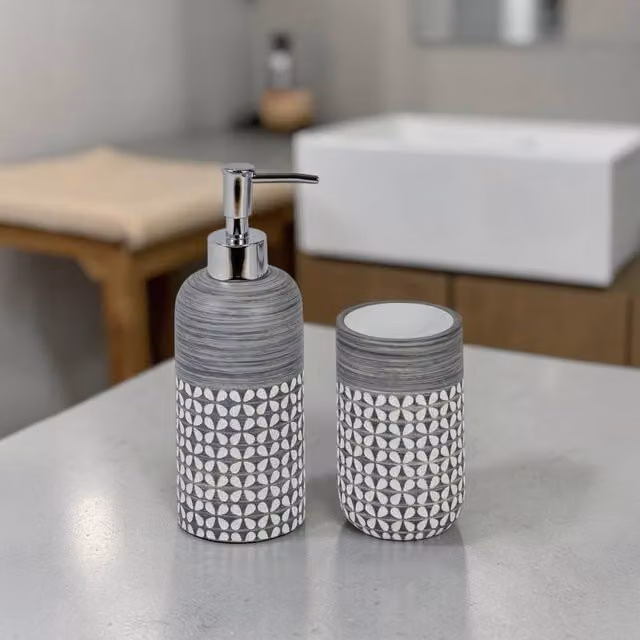Showerdrape Ravello Bathroom Accessory Set with Soap Dispenser and Tumbler in Grey and White – 1