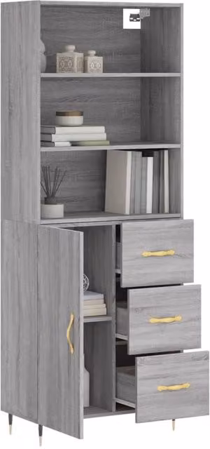 Berkfield Home Grey Sonoma Highboard with Hinged Doors and Internal Shelves, W/D/H: 69.5 x 34 x 180 cm