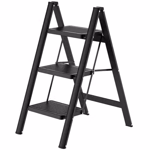 Gr8 Home Black 3 Step Foldable Steel Ladder with Non-Slip Rubber Feet