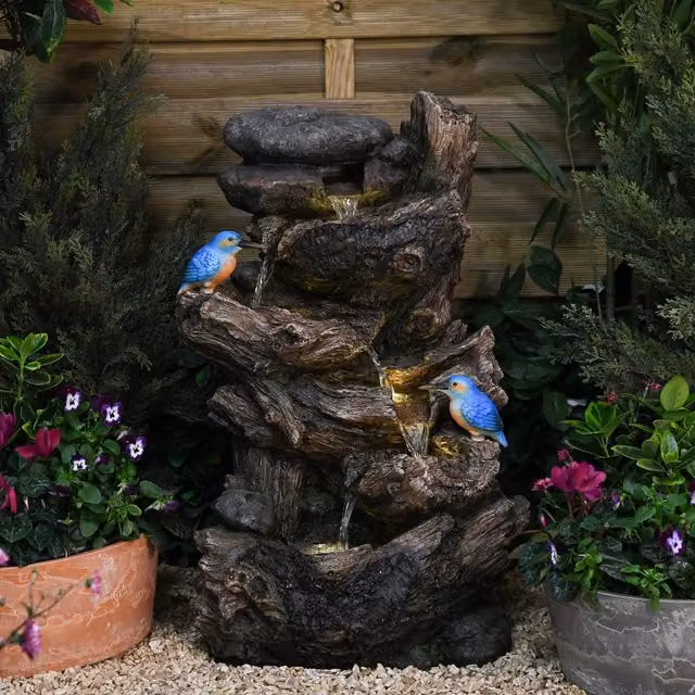 Serenity Cascading Tree Trunk with Kingfisher Water Feature in Brown and Stone Effect