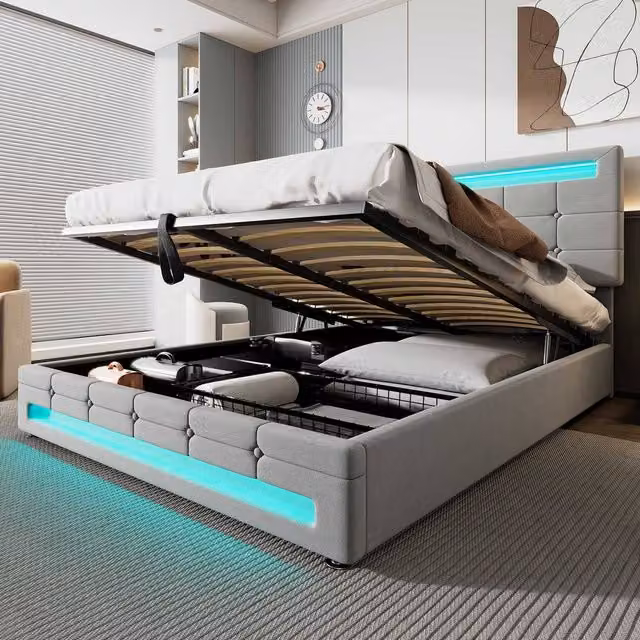 STILVORA Grey Velvet Upholstered Double Bed with Hydraulic Storage and LED Under-Bed Lighting, W/D/H: 140 x 200 x 135 cm