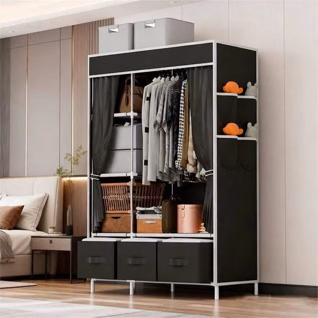 SPETLEK Large Black Fabric Canvas Freestanding Wardrobe with Doors and Drawers – 1