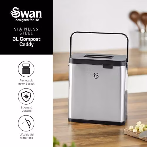 Swan 3L Stainless Steel Kitchen Compost Caddy in Silver with Flip Lid and Removable Inner Bucket – 2