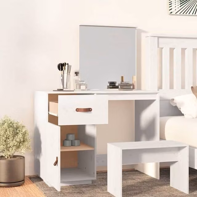 Berkfield Home Beautiful Dressing Table in White Solid Pine, W/D/H: 95 x 50 x 134 cm