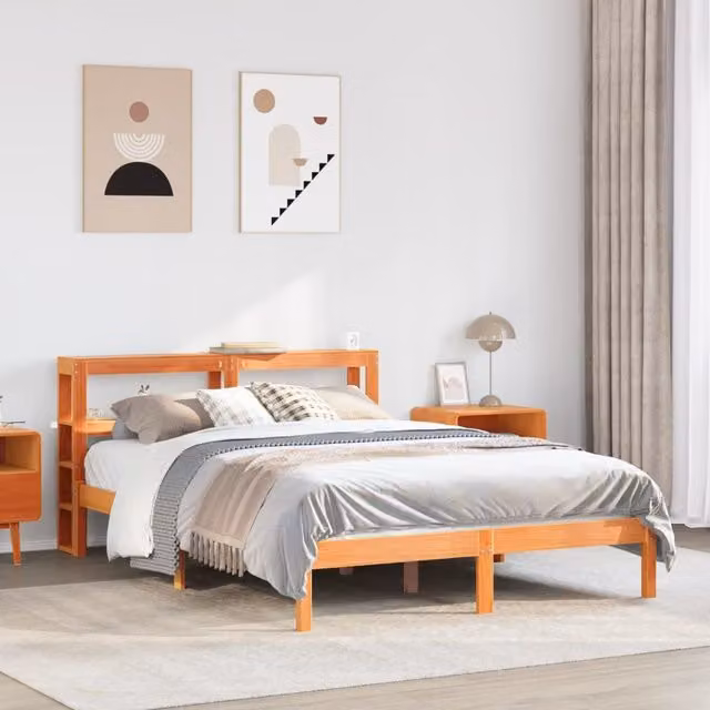 Berkfield Home Small Double Bed Frame with Headboard and Side Compartments in Wax Brown Pine Wood, W/D/H: 120 x 190 cm