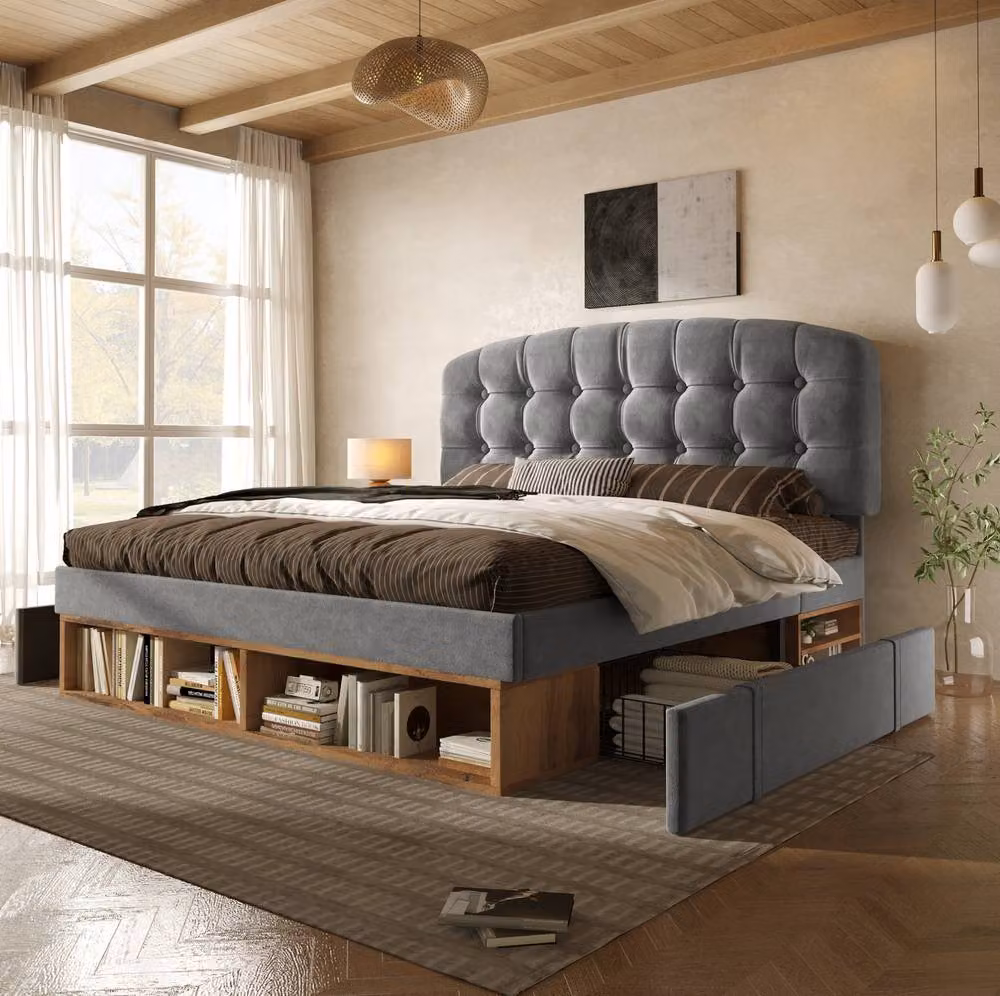 STILVORA Upholstered King Bed Frame with Drawers in Grey, W: 150 cm, D: 200 cm – 2