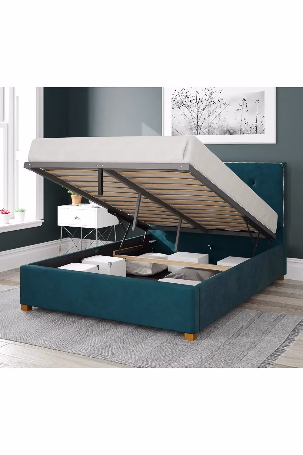 Aspire Presley Upholstered Ottoman Storage Bed in Green Plush Velvet, W/D/H: 140 x 200 cm – 2