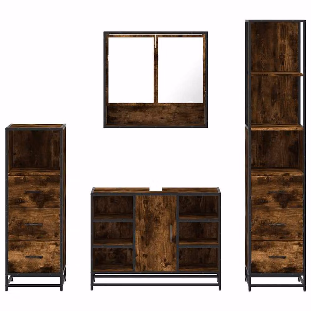 Berkfield Home 4-Piece Industrial Bathroom Furniture Set in Smoked Oak and Brown – 5