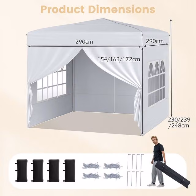 Costway Portable Steel Gazebo for Beach, Party, Event or Camping in White and Silver, W/D/H: 290 x 290 x 230 cm