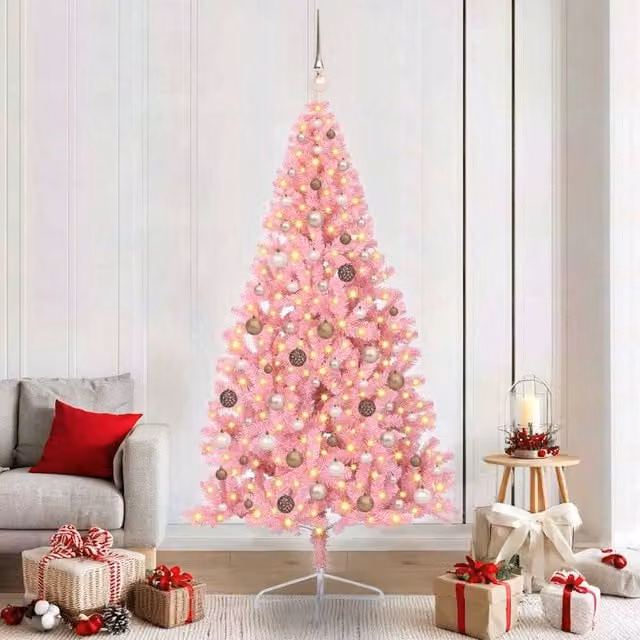 Berkfield Home Artificial Pre-lit Pink Christmas Tree with 300 LEDs, Height: 210 cm