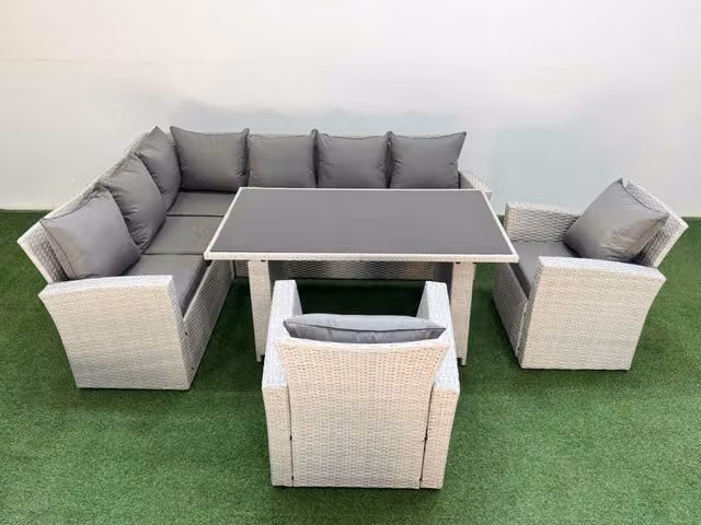 Fimous 8 Seater Wicker Rattan Corner Sofa Set with 2 Armchairs in Light Grey