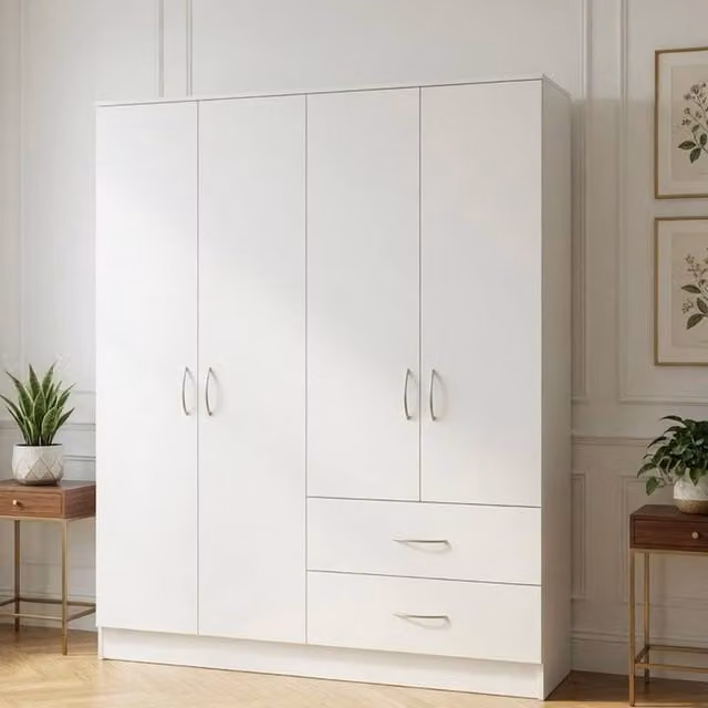 KDMD Chelsea White 4 Door Wardrobe with 2 Integrated Drawers, H 185 cm x W 160 cm x D 50 cm
