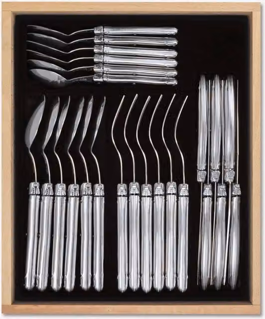 Laguiole 24 Piece Polished Stainless Steel Cutlery Set in Metallic Silver with Wooden Display Case